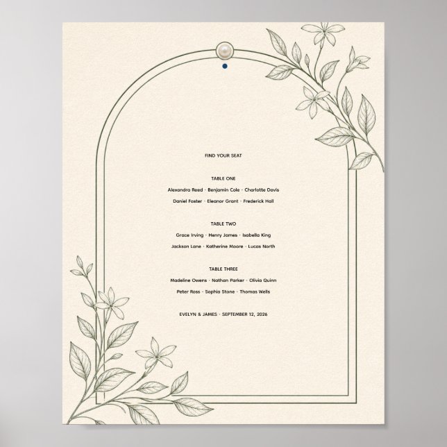 Poster Gráfico de Assentos de Casamento com Arco Botânico (Frente)