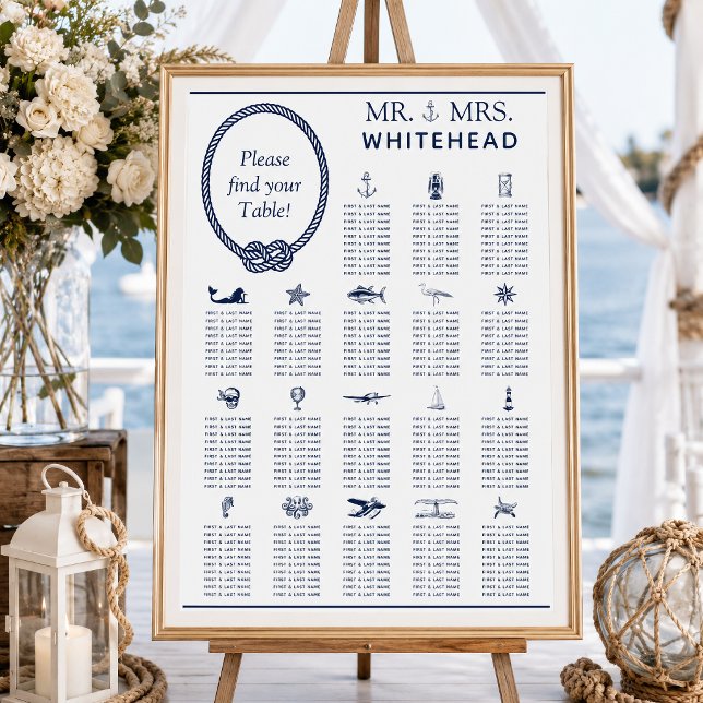 Poster Gráfico de Assentos de Casamento com Corda Náutica (This seating chart in a nautical theme has symbols that represent the guest tables.)