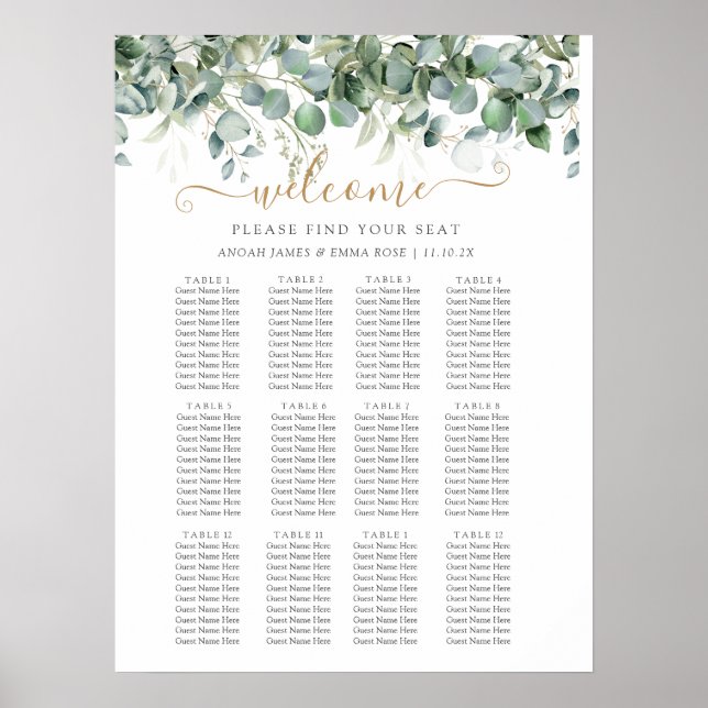 Poster Gráfico de Assentos de Casamento com Elegante Verd (Frente)