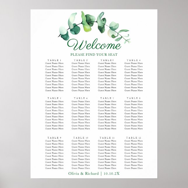 Poster Gráfico de Assentos de Casamento com Eucalipto Mod (Frente)