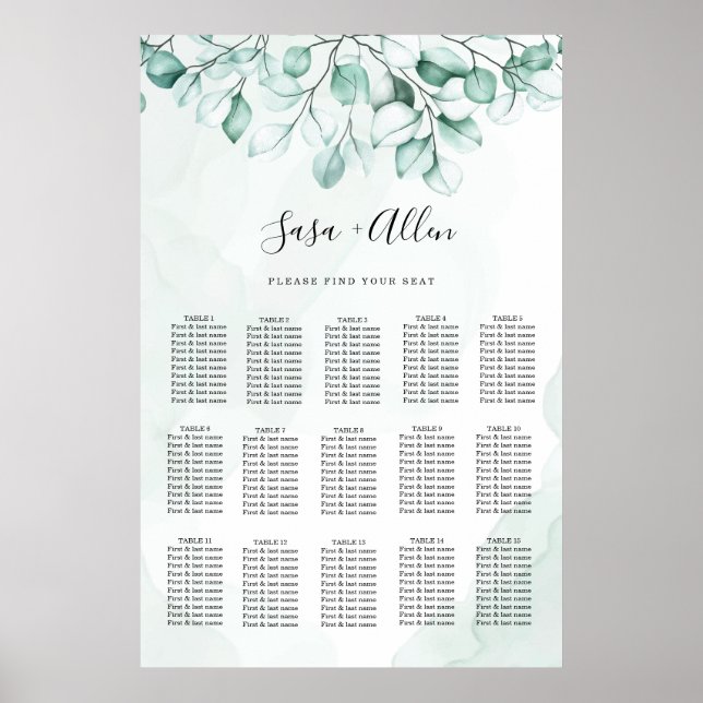 Poster Gráfico de Assentos de Casamento com Eucalipto Ver (Frente)