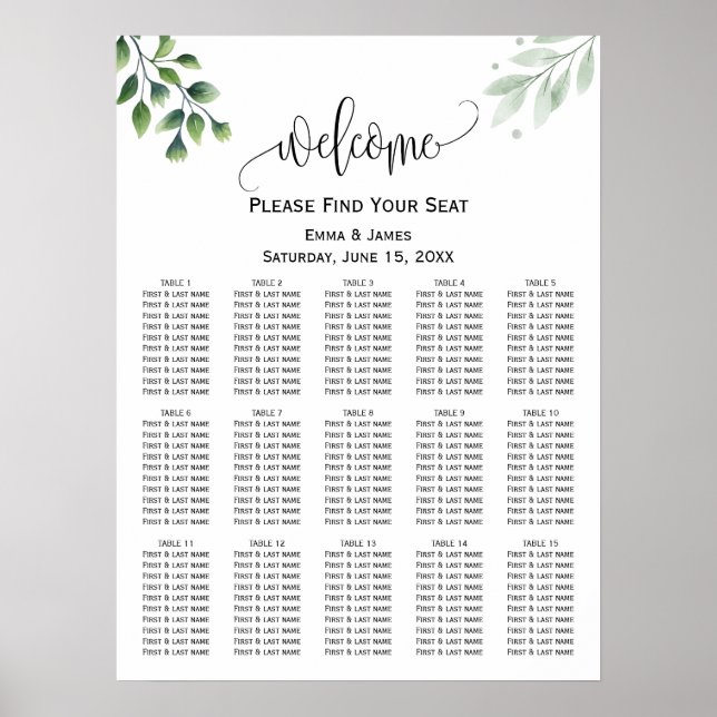 Poster Gráfico de Assentos de Casamento com Eucalipto Ver (Frente)