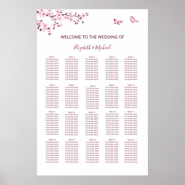 Poster Gráfico de Assentos de Casamento com Flor de Cerej (Frente)