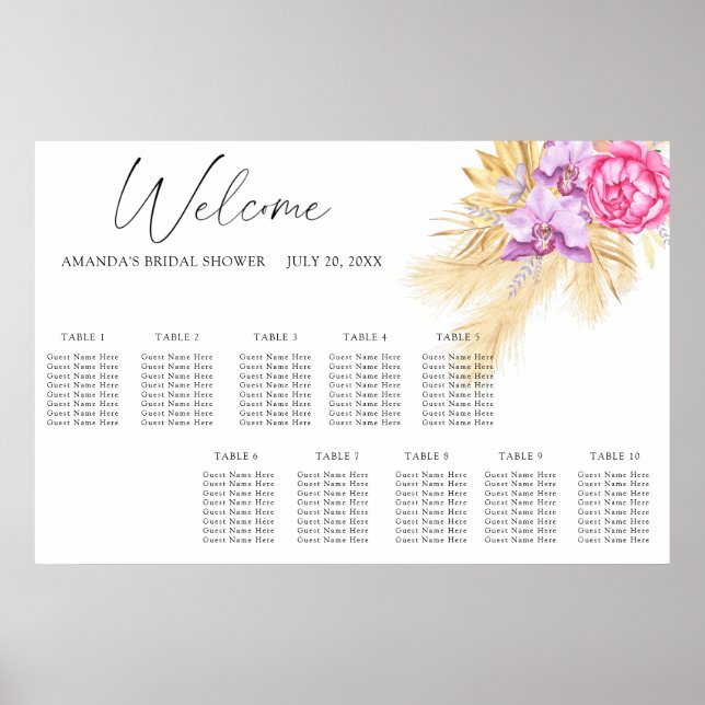 Poster Gráfico de assentos de casamento com flores boho e (Frente)