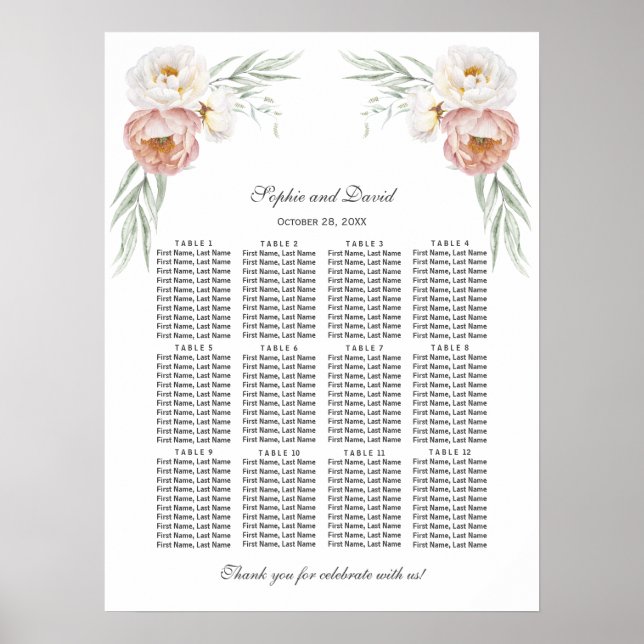 Poster Gráfico de Assentos de Casamento com Flores Charm  (Frente)
