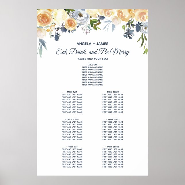 Poster Gráfico de Assentos de Casamento com Flores de Cor (Frente)