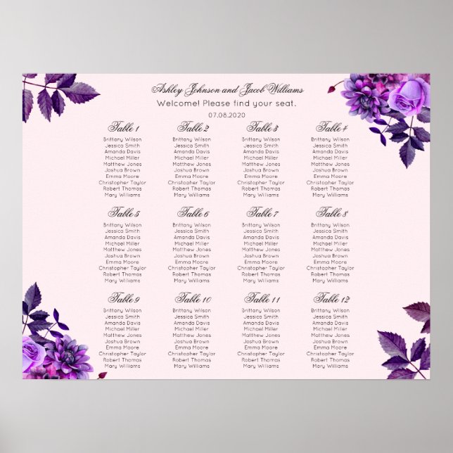 Poster Gráfico de assentos de casamento com flores roxas. (Frente)