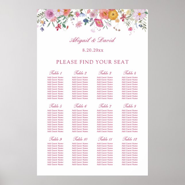 Poster Gráfico de Assentos de Casamento com Flores Silves (Frente)
