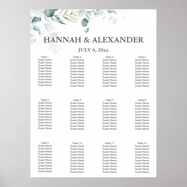 Poster Gráfico de Assentos de Casamento com Folhagem de E (Frente)