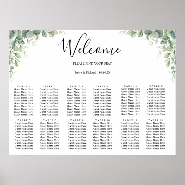 Poster Gráfico de Assentos de Casamento com Folhagem de E (Frente)