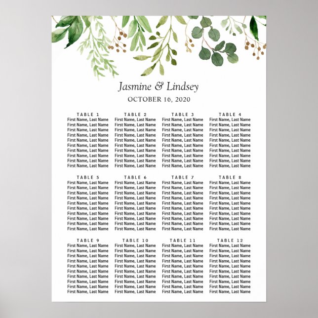 Poster Gráfico de Assentos de Casamento com Folhas de Euc (Frente)