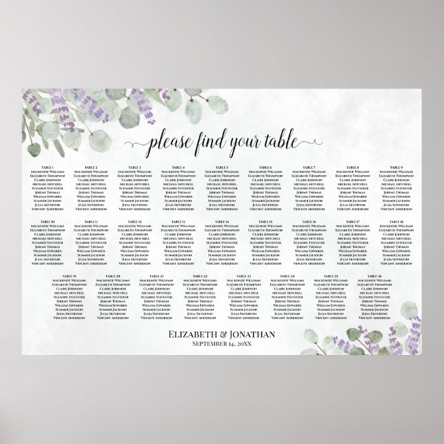 Poster Gráfico de Assentos de Casamento com Lavanda e Euc (Frente)
