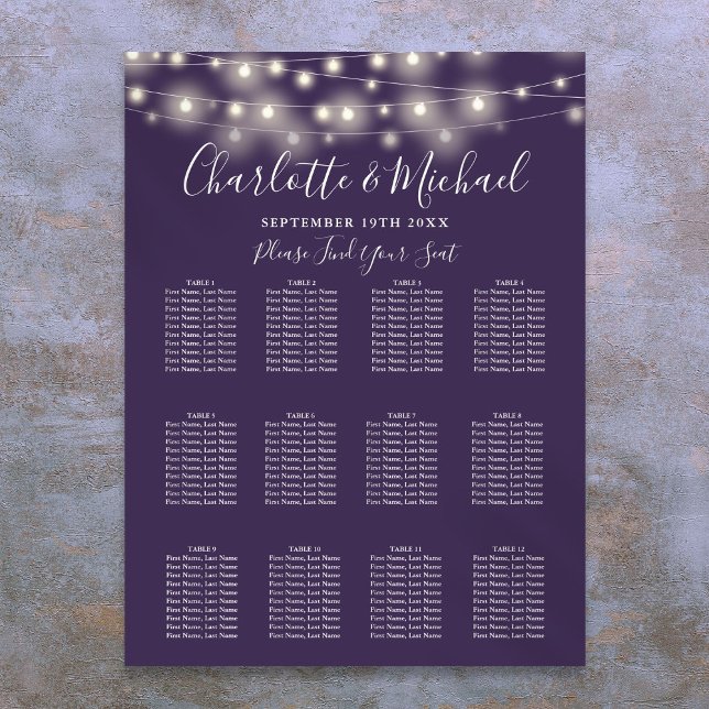 Poster Gráfico de Assentos de Casamento com Luzes de Cord (Purple String Lights Wedding Seating Chart)