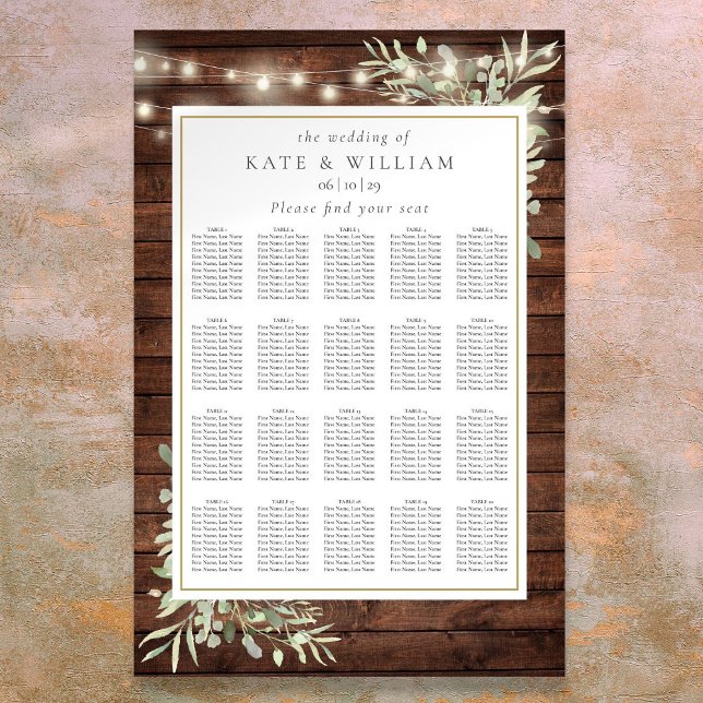 Poster Gráfico de Assentos de Casamento com Luzes de Cord (Rustic String Light Greenery Wedding Seating Chart)
