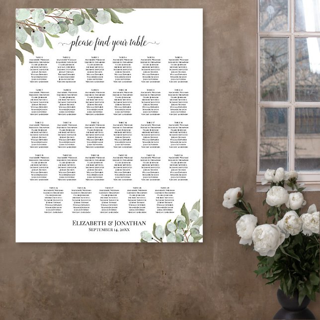 Poster Gráfico de Assentos de Casamento com Mesa de Eucal (In Situ on Wall with Flowers)