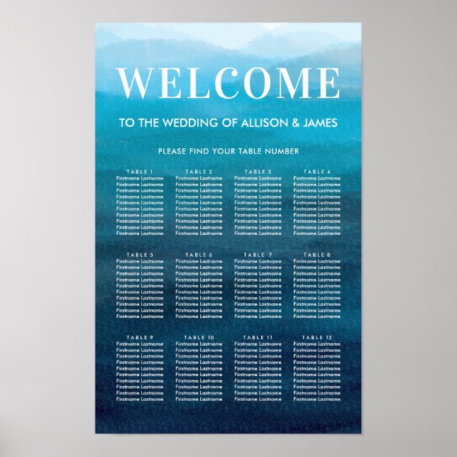Poster Gráfico de Assentos de Casamento com Ondas Azuis O (Frente)