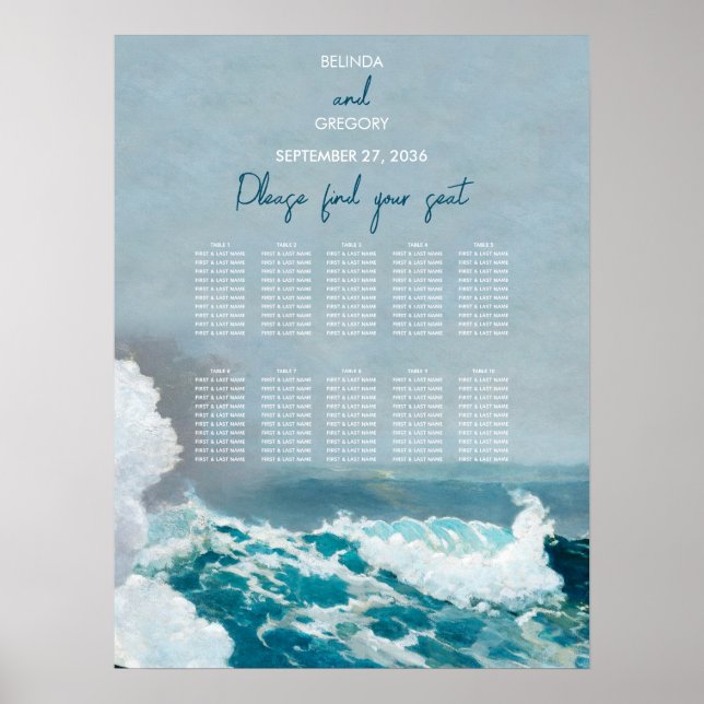 Poster Gráfico de Assentos de Casamento com Ondas do Ocea (Frente)