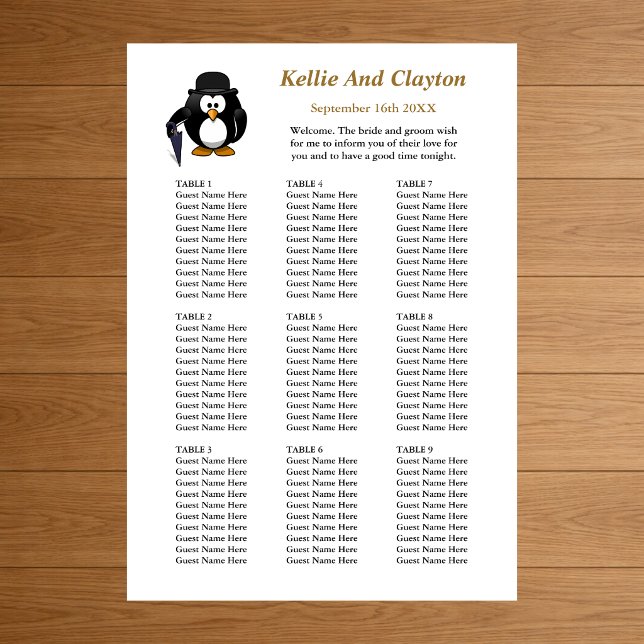 Poster Gráfico de Assentos de Casamento com Pinguim Recep (Criador carregado)