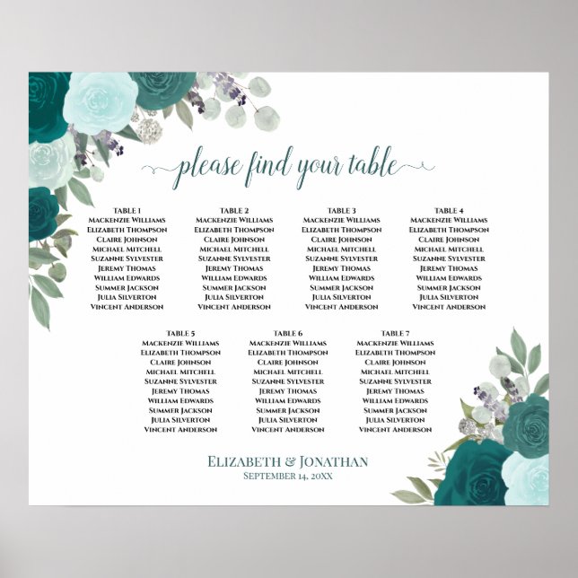 Poster Gráfico de Assentos de Casamento com Rosas Azul-tu (Frente)