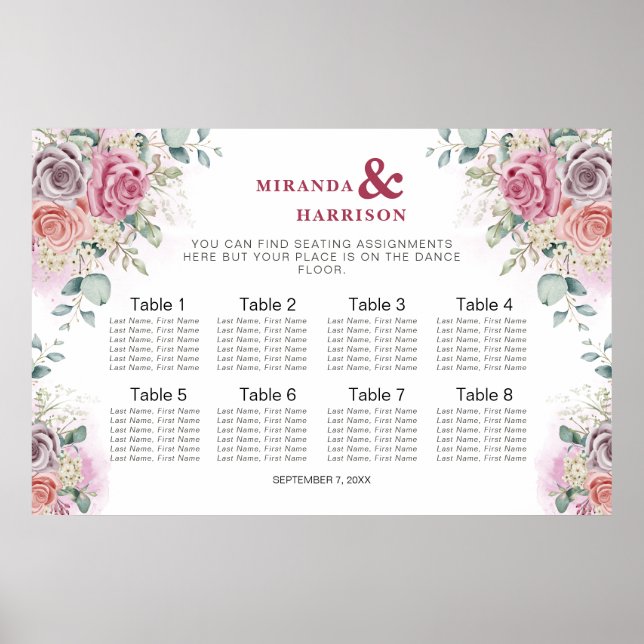 Poster Gráfico de Assentos de Casamento com Rosas em Aqua (Frente)