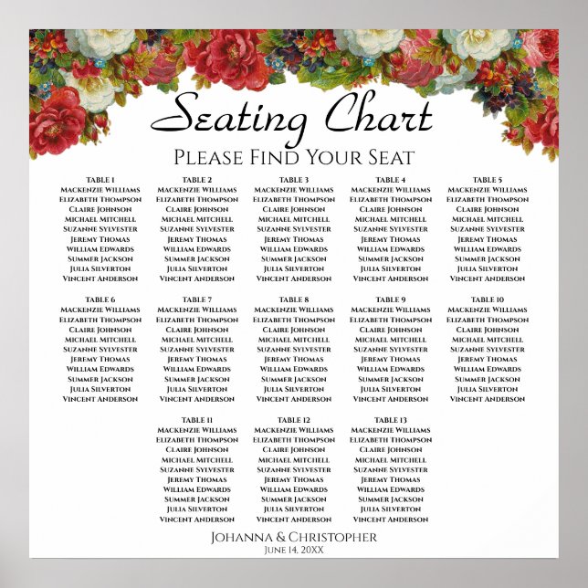 Poster Gráfico de Assentos de Casamento com Rosas Vitoria (Frente)