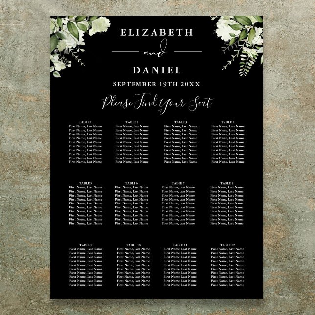 Poster Gráfico de Assentos de Casamento com Vegetação em  (Black And White Greenery Wedding Seating Chart)