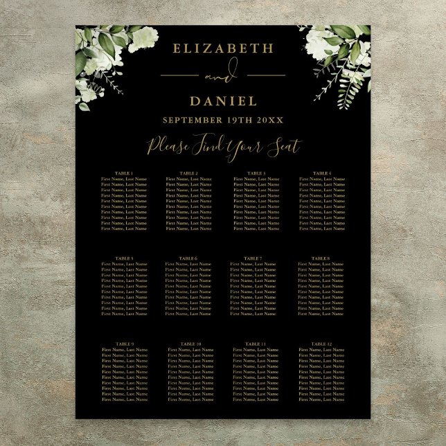 Poster Gráfico de Assentos de Casamento com Verde e Doura (Black And Gold Greenery Wedding Seating Chart)