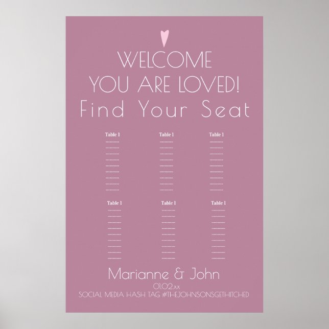 Poster Gráfico de Assentos de Casamento Coração Rosa Mini (Frente)