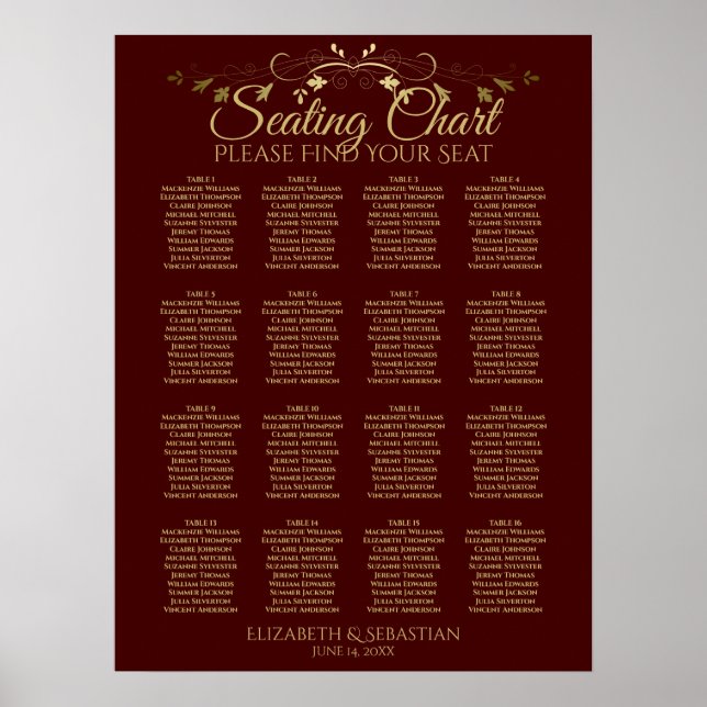 Poster Gráfico de Assentos de Casamento de 16 Mesas Doura (Frente)