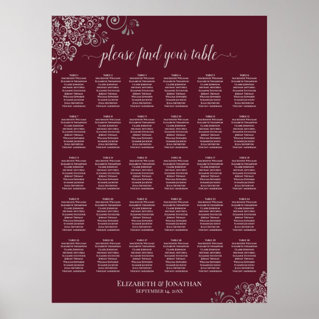 Poster Gráfico de Assentos de Casamento de 30 Mesas com P (Frente)