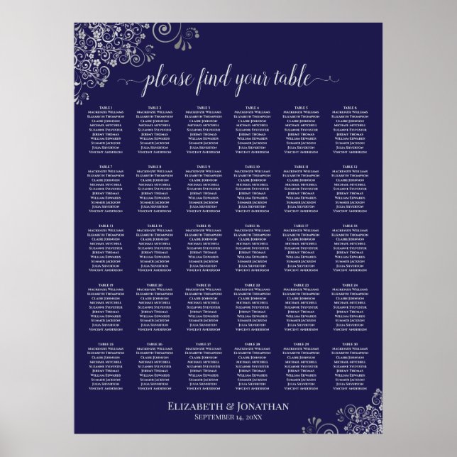 Poster Gráfico de Assentos de Casamento de 30 Mesas com P (Frente)