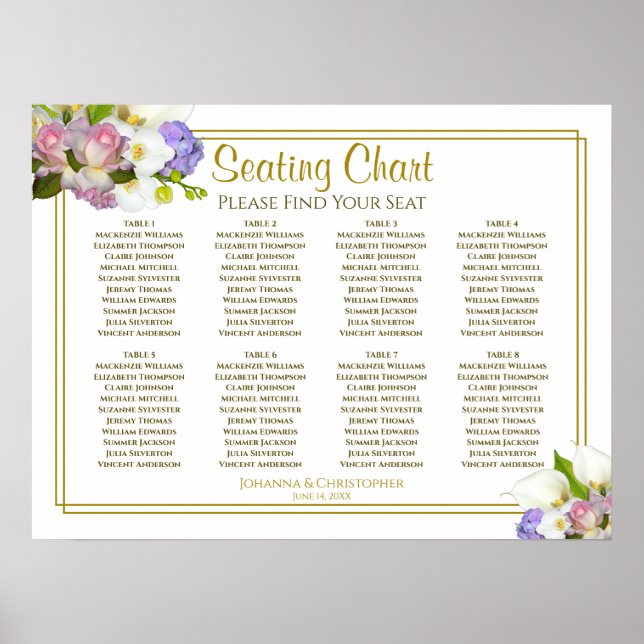 Poster Gráfico de Assentos de Casamento de 8 Mesas Floral (Frente)