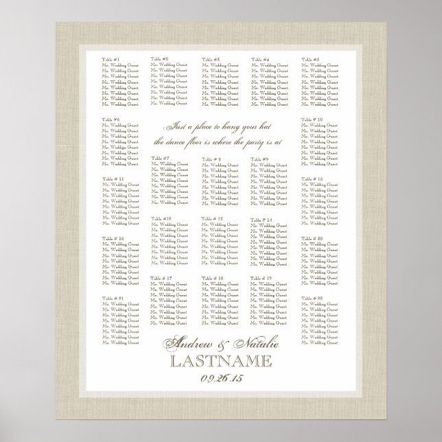 Pôster Gráfico de Assentos de Casamento de Burlap Light (Frente)