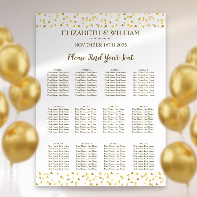 Poster Gráfico de Assentos de Casamento de Corações ouros (Golden Hearts Wedding Seating Chart)