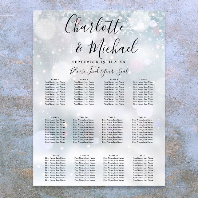 Poster Gráfico de Assentos de Casamento de Flocos de Neve (Winter Snowflakes Wedding Seating Chart)