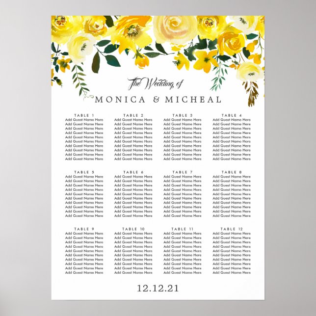 Poster Gráfico de Assentos de Casamento de Flor Amarelo V (Frente)