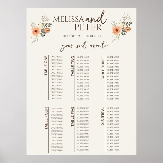 Poster Gráfico de Assentos de Casamento de Flores Silvest (Frente)