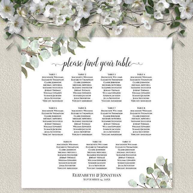 Poster Gráfico de Assentos de Casamento de Mesa 11 Folhas (In Situ on Wall with Flowers)