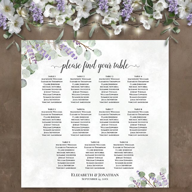 Poster Gráfico de Assentos de Casamento de Mesa 11 Lavand (In Situ on Wall with Flowers)