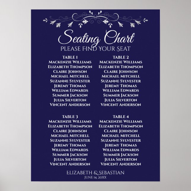 Poster Gráfico de Assentos de Casamento de Mesa Azul-4 Si (Frente)