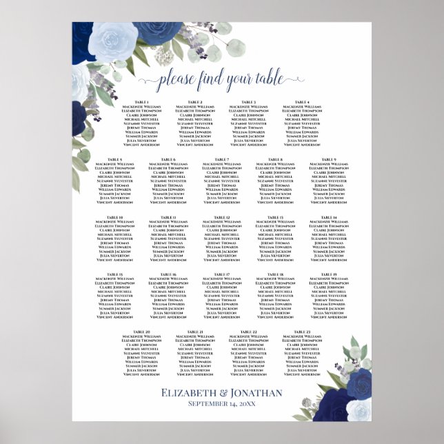 Poster Gráfico de Assentos de Casamento de Mesa Blue Boho (Frente)