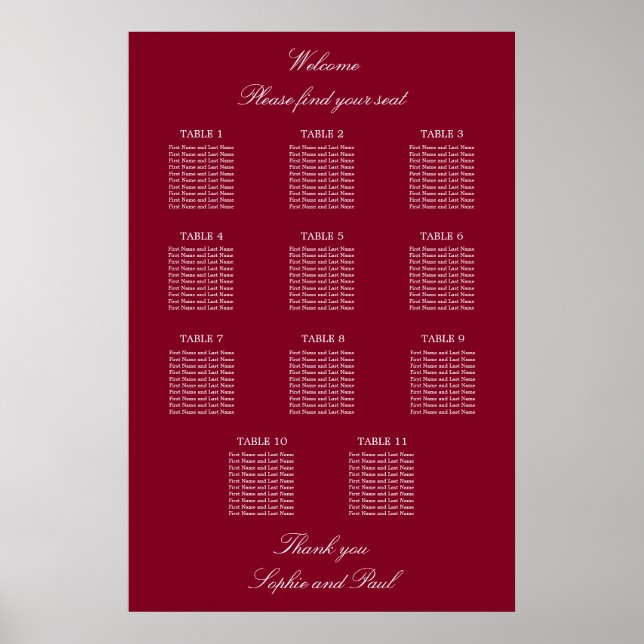 Poster Gráfico de Assentos de Casamento de Mesa Burgundy  (Frente)