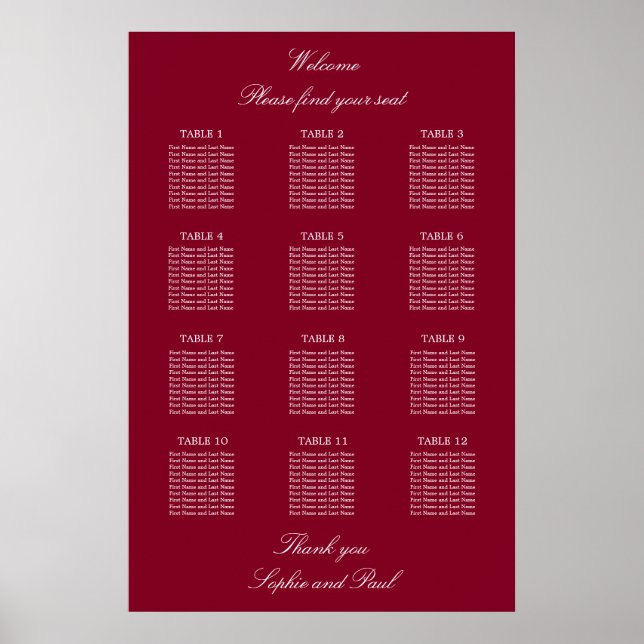 Poster Gráfico de Assentos de Casamento de Mesa Burgundy  (Frente)