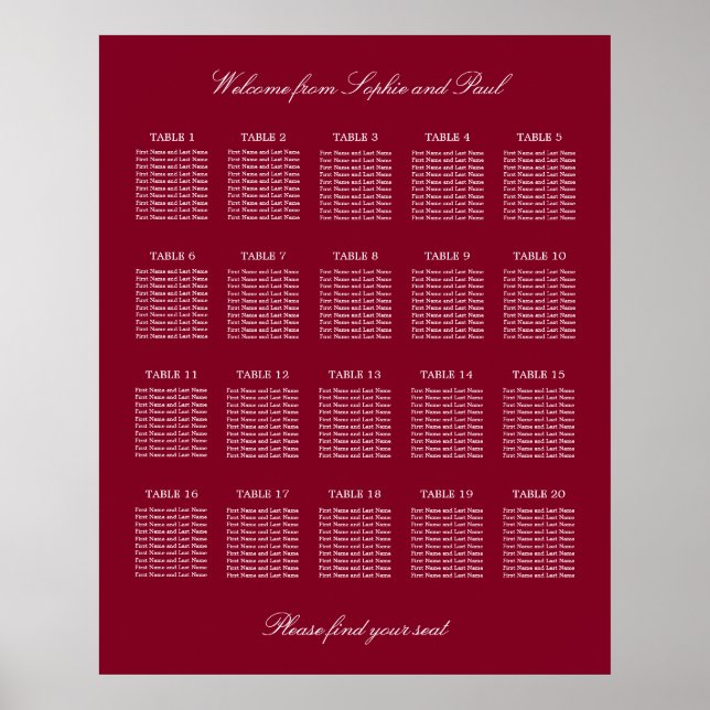 Poster Gráfico de Assentos de Casamento de Mesa Burgundy  (Frente)