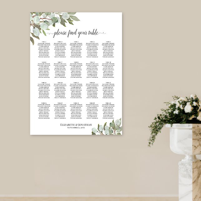 Poster Gráfico de Assentos de Casamento de Mesa de Eucali (In Situ on Wall with Pedestal Vase)