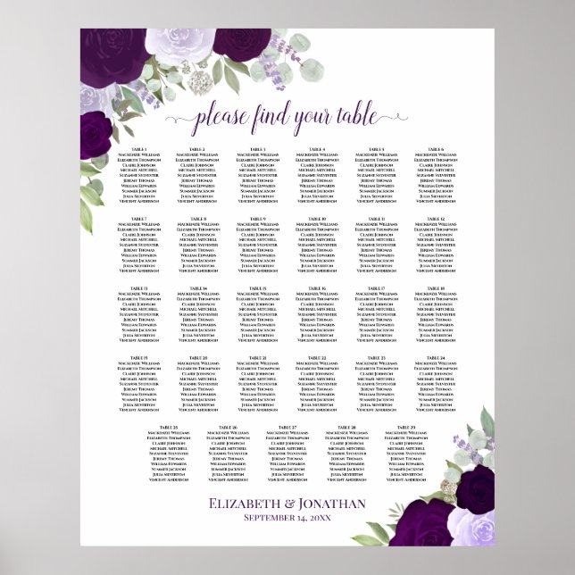 Poster Gráfico de Assentos de Casamento de Mesa Purple Bo (Frente)