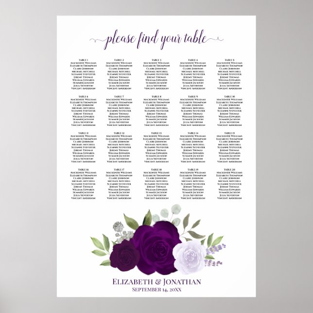 Poster Gráfico de Assentos de Casamento de Mesa Rosas 20 (Frente)
