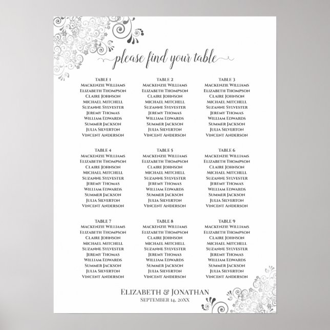 Poster Gráfico de Assentos de Casamento de Mesa Silver Fr (Frente)