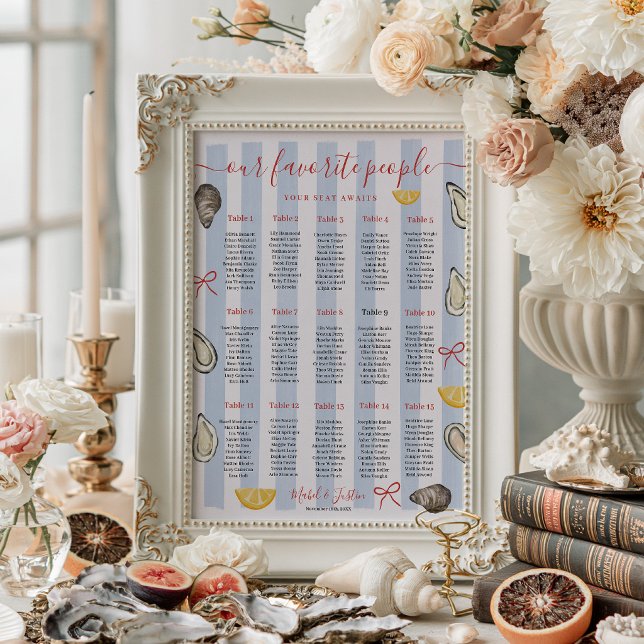 Poster Gráfico de Assentos de Casamento de Ostra com Faix (Coastal Blue Stripe Oyster Wedding Seating Chart)