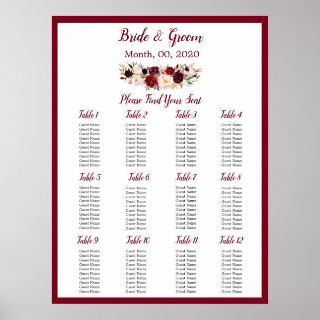 Poster Gráfico de Assentos de Casamento de Rosas vermelha (Frente)